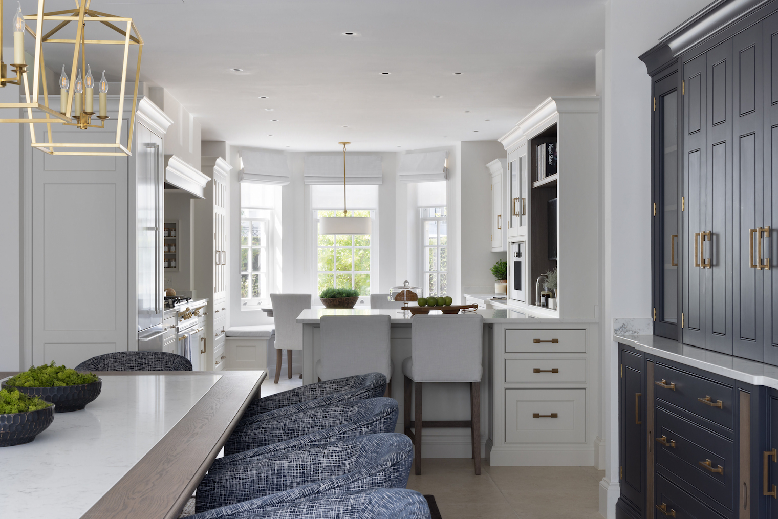 Upholstered George Tub Dining Chair and Byron Dining table with quartz inlay - Open plan kitchen and dining space - Sevenoaks Project - Humphrey Munson